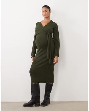 Mama.licious Mamalicious Maternity Knitted Midi Dress With Knot Front - Green