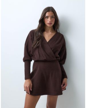 ASOS Supersoft Plunge Batwing Long Sleeve Mini Dress - Brown