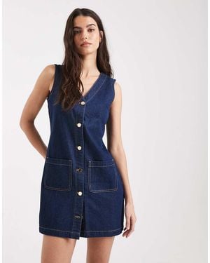 Threadbare Button Front Pinafore Denim Mini Dress - Blue