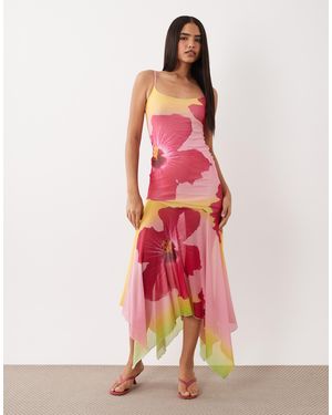 Kaiia Exclusive Slinky Mesh Scoop Neck Drop Waist Asymmetric Fairy Hem Maxi Dress - Red