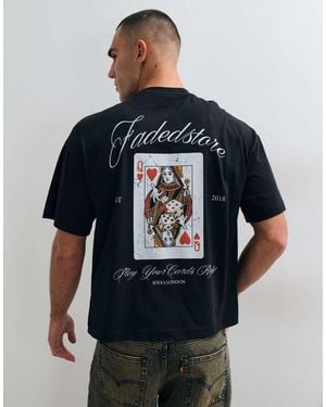 Faded Store T-Shirt Con Stampa Sul Retro Regina Di Cuori Nera - Blu
