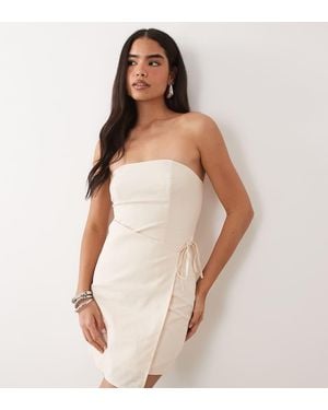 Kaiia Exclusive Linen Blend Bandeau Wrap Tie Waist Detail Mini Dress - White