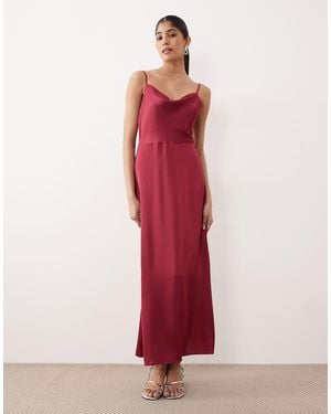 Vila Vestido Largo Burdeos De Tirantes Con Cuello Desbocado De Satén De -Rojo