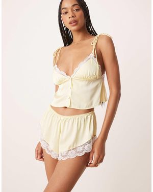 KAT THE LABEL Arabella Satin Lace Trim Shorts - Natural