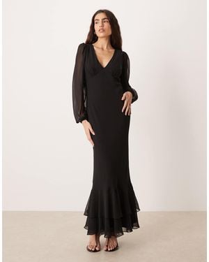 LACE & BEADS V Neck Sheer Balloon Sleeve Ruffle Hem Maxi Dress - Black