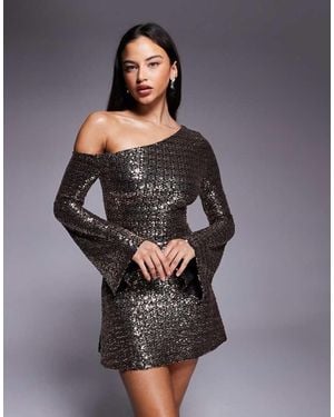 ASOS Off Shoulder Sequin Angel Sleeve Mini Dress - Grey