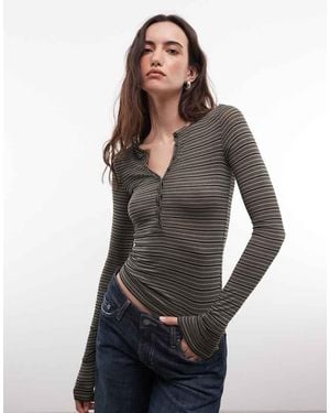 Weekday Top Henley De Manga Larga A Rayas Negras Y Caqui-Verde - Negro