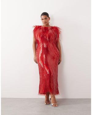 ARRANGE Curve All Over Shard Sequin Strong Shoulder Maxi Dress - Red