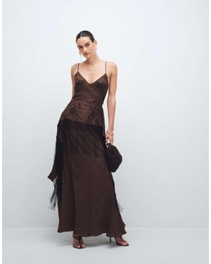 TOPSHOP Satin Strappy Maxi Dress With Jacquard Embroidery And Fringing - Brown