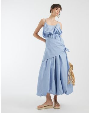 ASOS Poplin Puff Midi Dress With Cinched Scarf Waist Detail - Blue