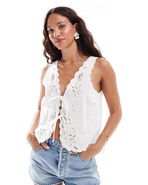 Vero Moda Embroidered Cutwork Sleeveless Tie Front Top - White