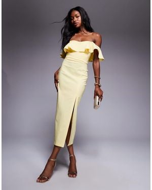 Vesper Bengaline Frill Bardot Side Split Midi Dress - Blue