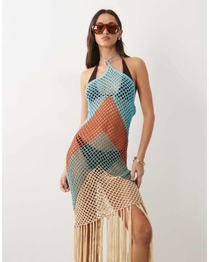 Kaiia Exclusive Premium Halterneck Crochet Tassel Hem Maxi Dress - Multicolor