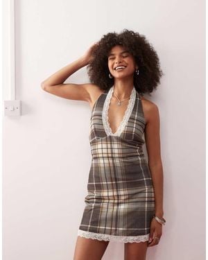 Collusion Check And Lace Mini Dress - Brown