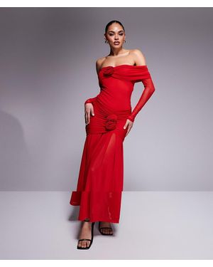 Wanderdoll Vivienne Mesh Bardot Foldover Long Sleeve Maxi Dress - Red