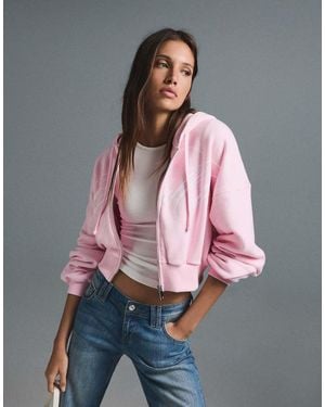 Bershka Felpa Con Cappuccio E Zip Chiaro Stampata - Rosa