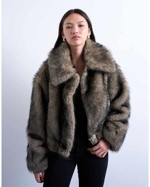 TOPSHOP Faux Fur Zip Thru Bomber Jacket - Brown