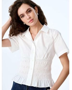 OMNES Merida Short Sleeve Cotton Blouse With Shirred Waist - White