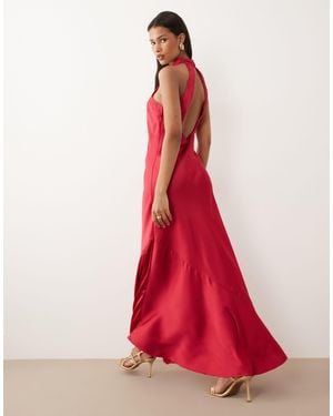 Vila Halter Neck Backless Satin Maxi Dress - Red