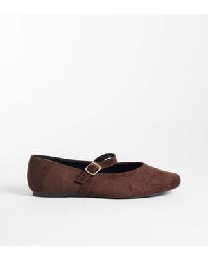 SEQWL Wide Fit Iris Faux Suede High Vamp Ballet Flats - Brown
