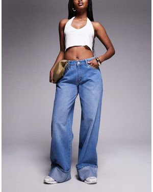 Liquor N Poker Baggy Denim Jeans Met Riempje Achter, Halfhoge Taille En Omslag - Blauw