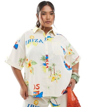 Pieces Plus Camisa Color Crema De Corte Cuadrado Con Estampado Variado De Pieces Curve (Parte De Un Conjunto)-Amarillo - Blanco