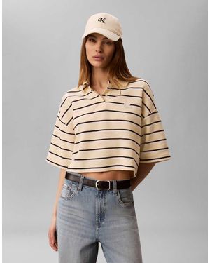 Calvin Klein Cropped Pique Striped Polo Top - Grey