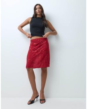 Motel Meria Beaded Sequin Chiffon Midi Skirt - Red
