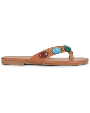 SEQWL Flat Thong Slide Sandals With Stone Embellishments - Brown