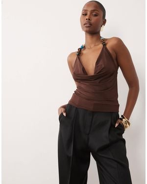 ASOS Slinky Crossover Cowl Neck Top With Bead Detail - Black