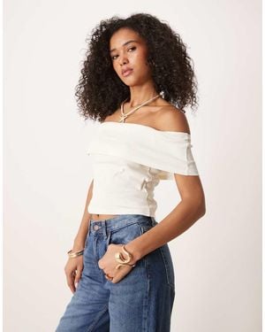 ASOS Fold Over Ribbed Bardot Top - White