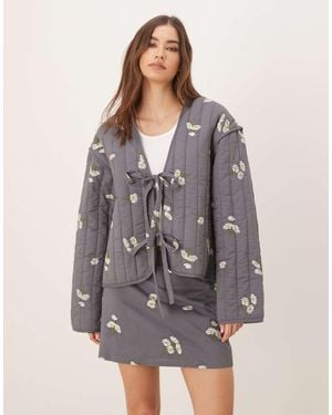 ASOS Tie Front Quilted Embroidered Jacket - Grey