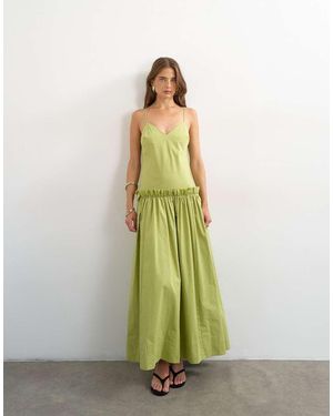 TOPSHOP Premium Cotton Maxi Dress With Raw Edge Frill Detail - Green