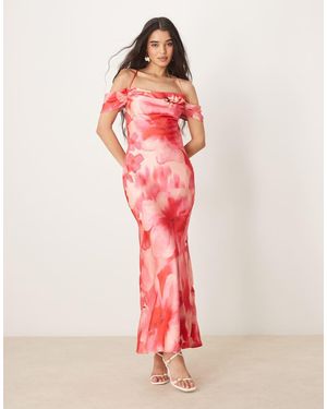 Pretty Lavish Asymmetric Cold Shoulder Slip Maxi Dress - Pink