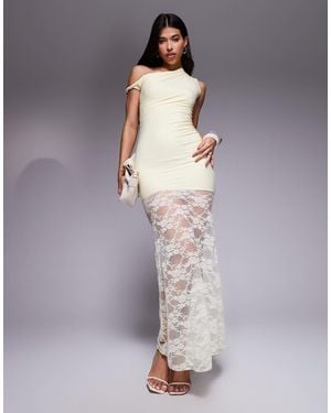 Kaiia Exclusive Double Layered Slinky Twist Off Shoulder Asymmetric Sheer Lace Skirt Maxi Dress - Purple