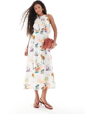 Object – neckholder-midikleid mit seitlichem bindedetail und postkarten-print - Weiß