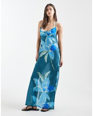 Aray Vestido Playero Largo Con Estampado Floral De Tejido Transparente De - Azul
