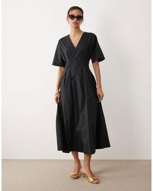 Mango Cotton Mix V Neck Midi Dress With Puff Sleeves - Black