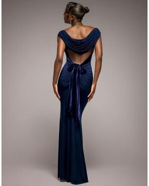 Goddiva Open Back Cowl Neck Gathered Maxi Dress With Velvet Tie Back - Blue