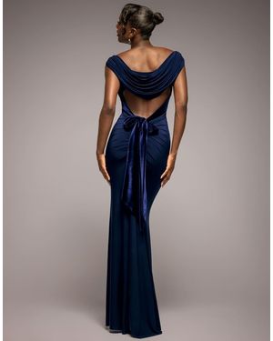 Goddiva Vestido Largo Con Cuello Desbocado Fruncido Y Lazo De Terciopelo Y Abertura En La Espalda De - Azul