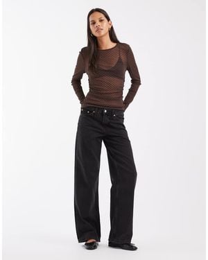 Pieces Long Sleeve Polka Dot Sheer Mesh Top - Brown