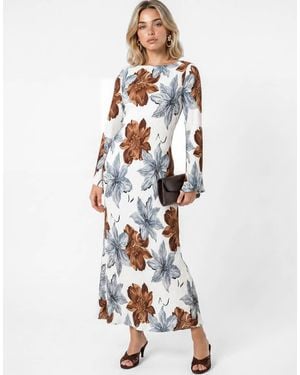 Lovedrobe Floral Print Trumpet Sleeve Plisse Column Midaxi Dress - White
