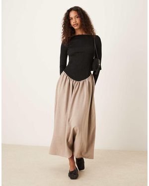 ASOS Long Sleeve Slash Neck Dipped Dropped Waist Midi - Natural