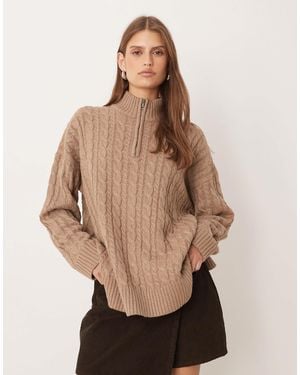 Pretty Lavish Cable Knit Half Zip Neck Sweater - Natural