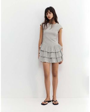 Pull&Bear Short Checked Dress With Ruffled Hem - White