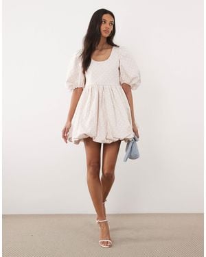 Sister Jane Denim Polka Dot Puff Sleeve Bubble Hem Mini Dress - Natural