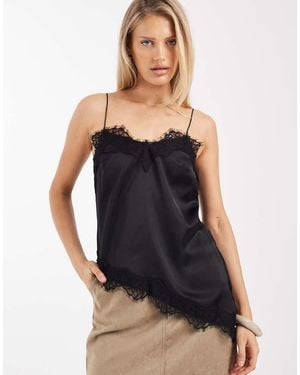 New Look Longline Asymmetric Lace Trim Satin Cami Top - Black