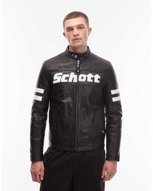 Schott Nyc Premium Logo Deatil Motocross Real Leather Zip Through Jacket - Black