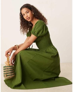 esmé studios Esmee Exclusive Puff Sleeve Tie Front Maxi Beach Dress - Green