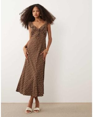 New Look Ruffle Detail Polka Dot Midi Dress - Brown